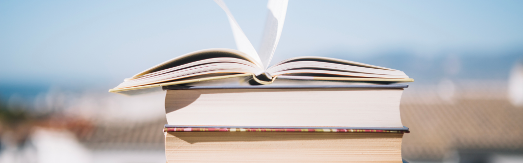 Image of open book, on top of a pile books, with pages blowing in the wind and beach in Brighton in the background.