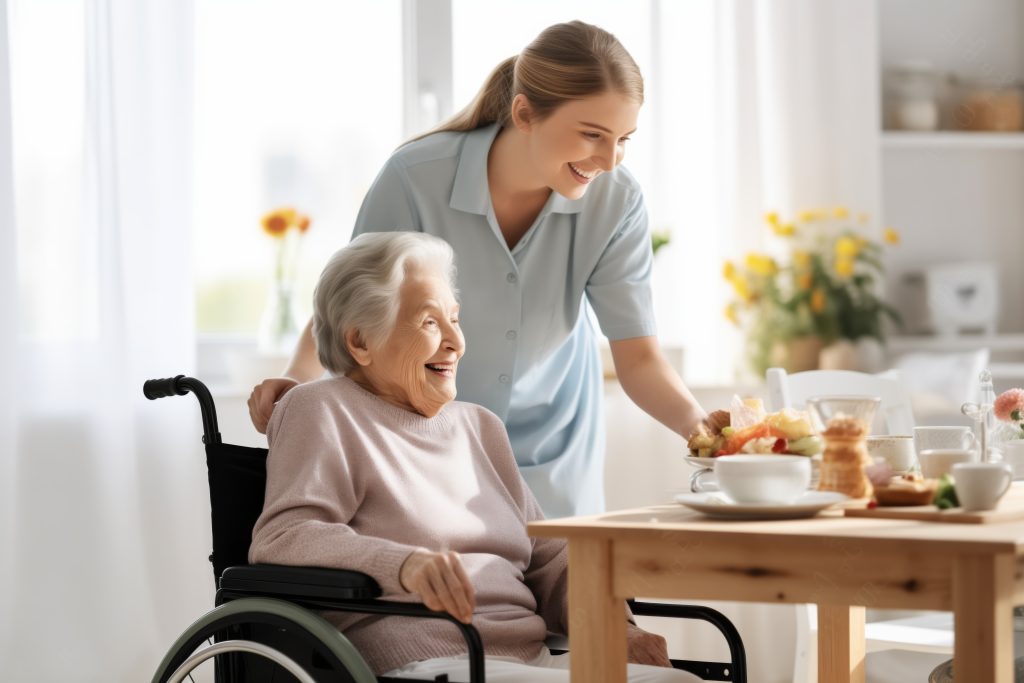 Nurse and health worker helping an elderly female patient 